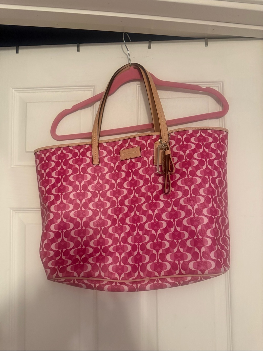 Coach Pink Signature Canvas Tote with Tan Leather Trim